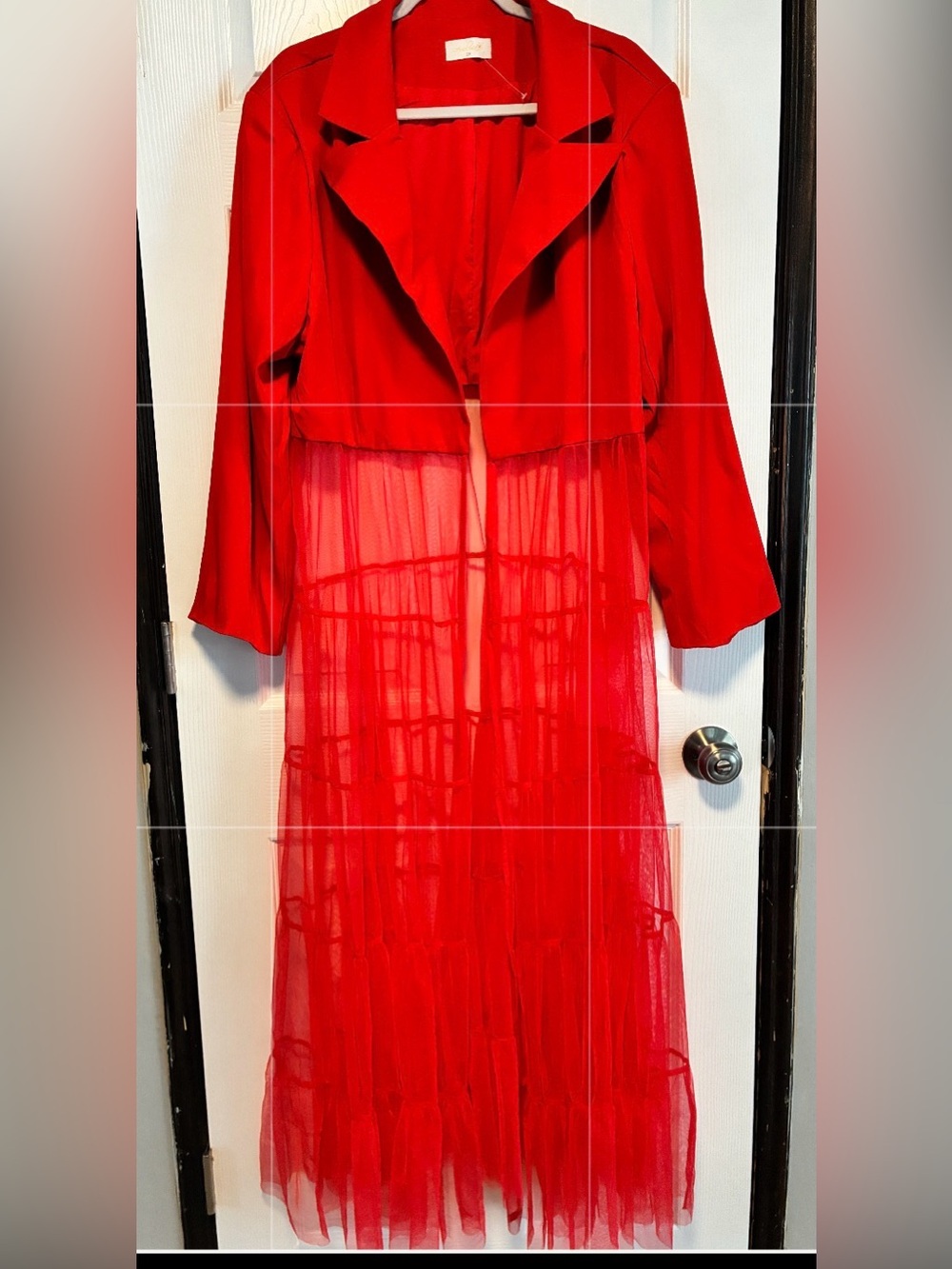 Red Sheer Tulle Duster with Cropped Blazer Top